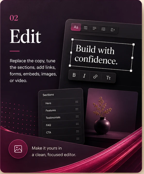 Edit SiteCue copy, sections, links, forms, embeds, images, and video.