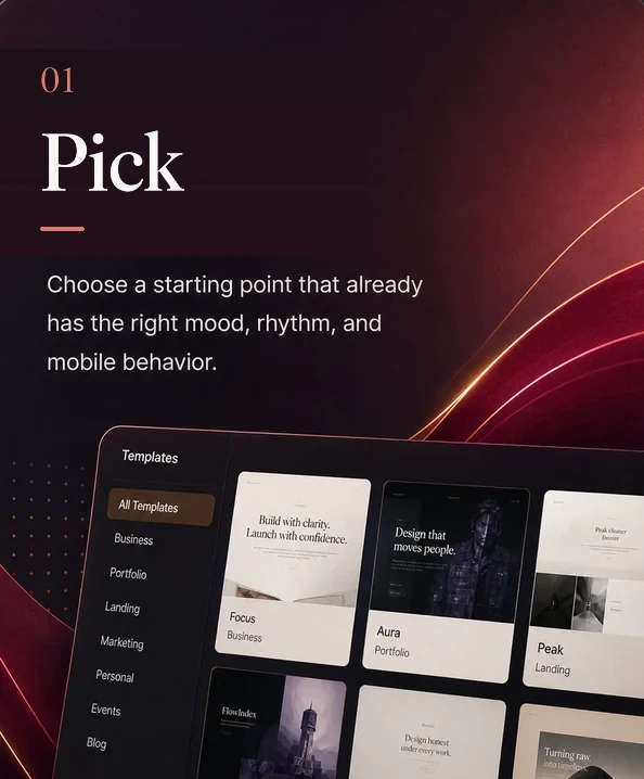 Pick a SiteCue starting point with the right mood, rhythm, and mobile behavior.