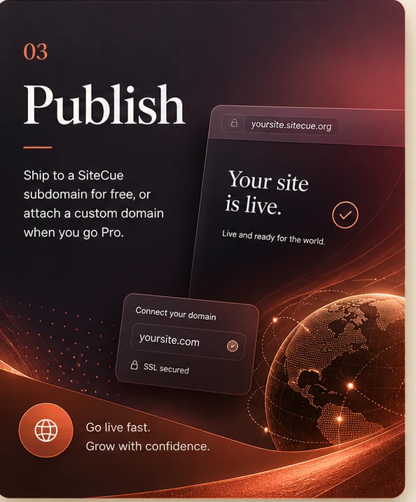 Publish a SiteCue site to a subdomain or attach a custom domain with Pro.