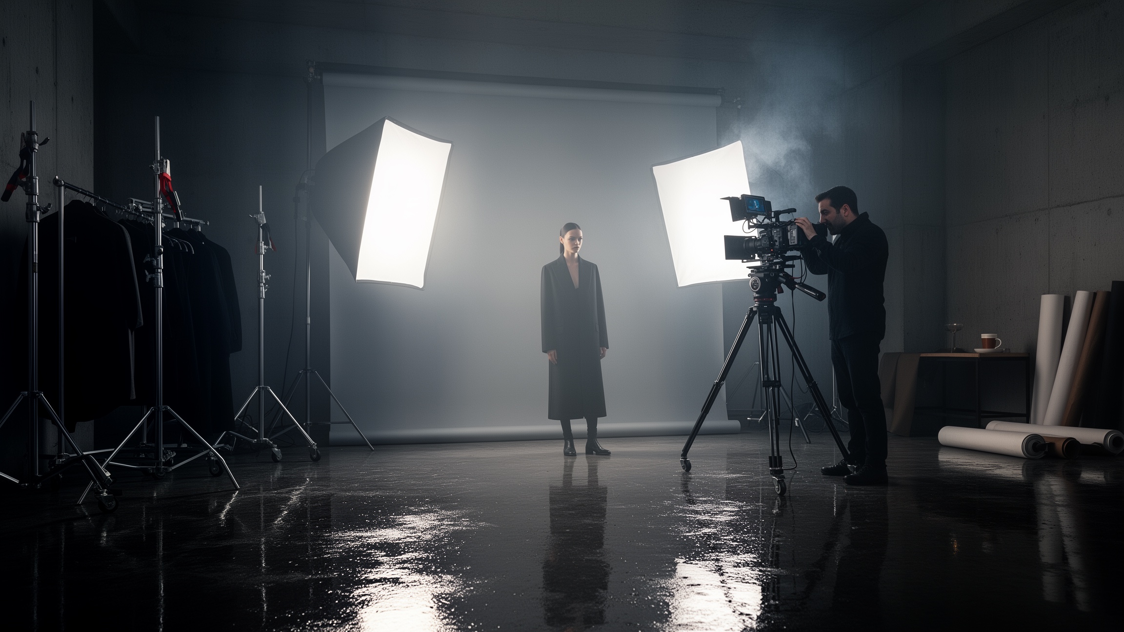 After-hours fashion studio shoot with softbox lights and camera crew