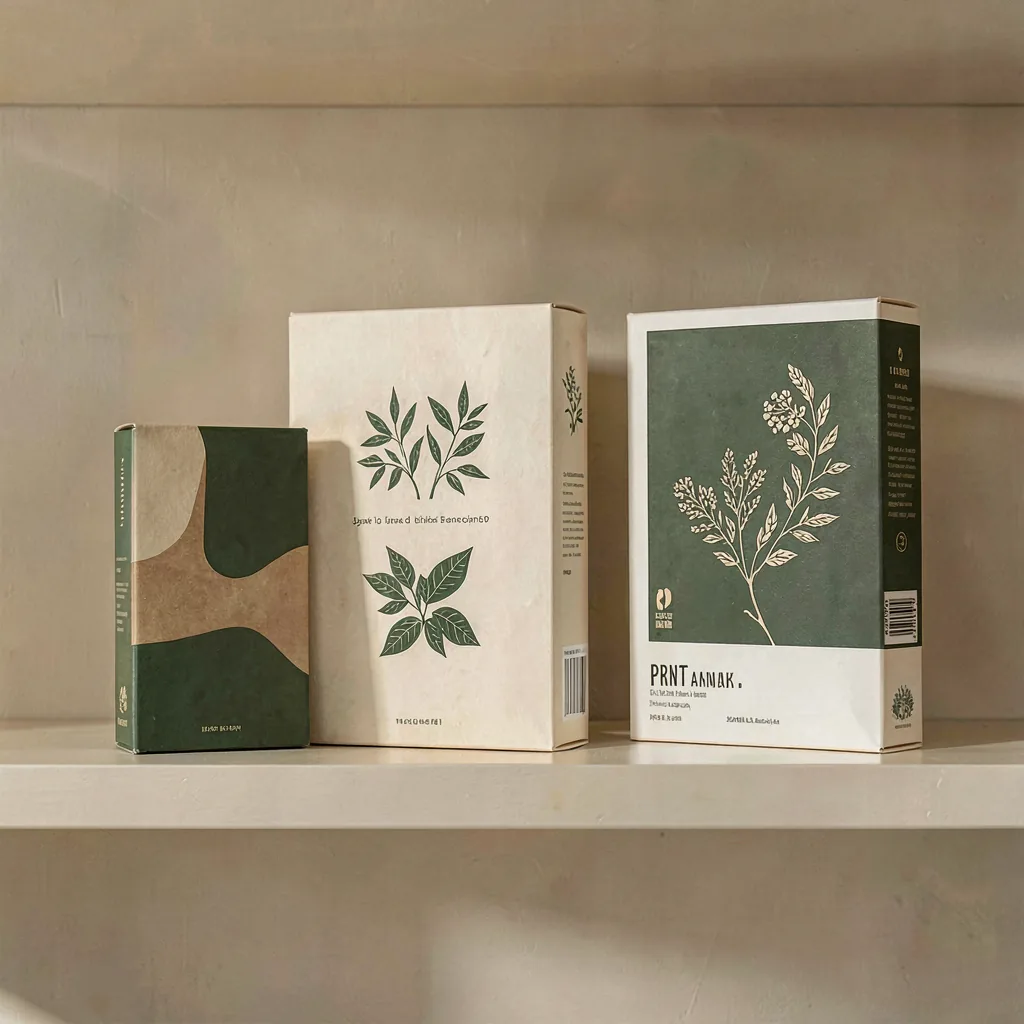 A set of packaging on a plain shelf