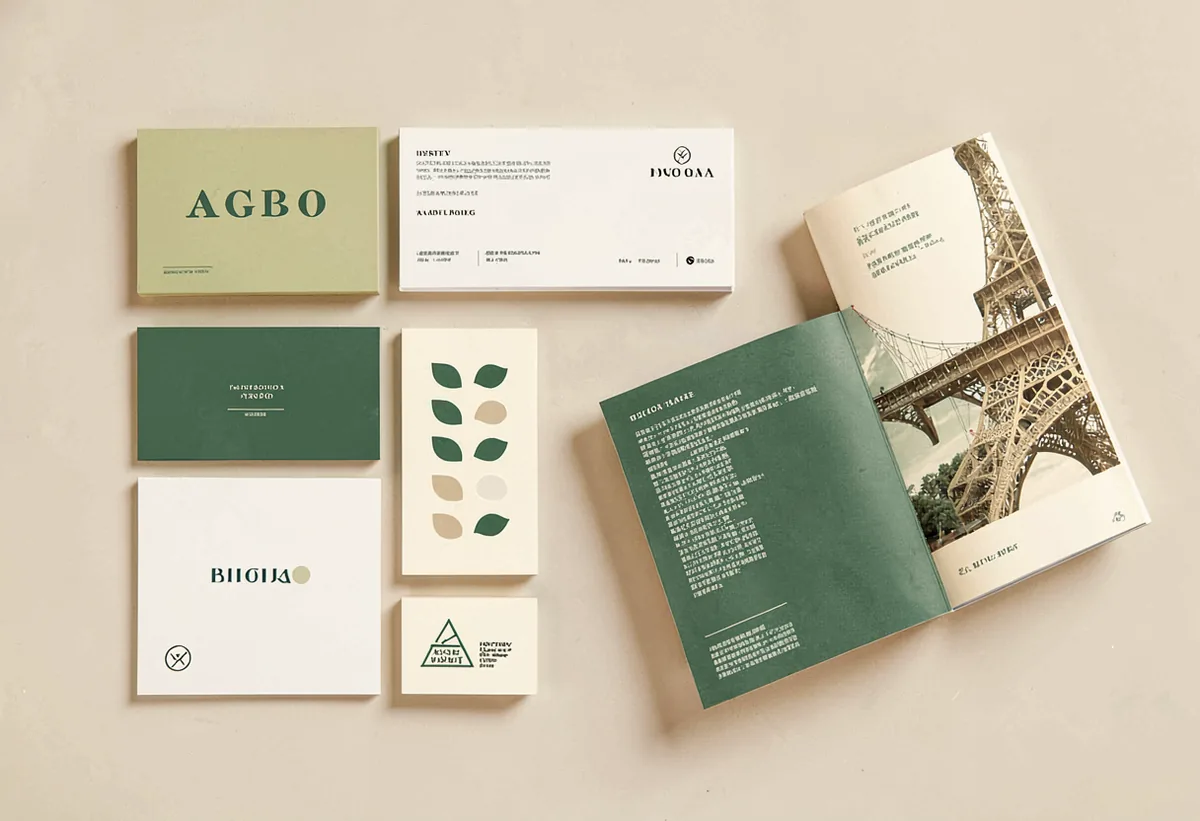 A brand identity laid out across cards, signage, and a folded brochure