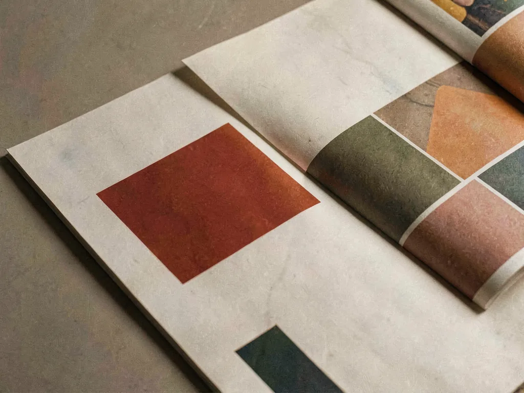 Editorial spread detail with layered paper and printed colour blocks