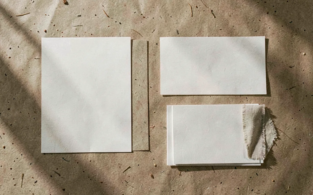 Studio project hero image with printed materials and warm shadows
