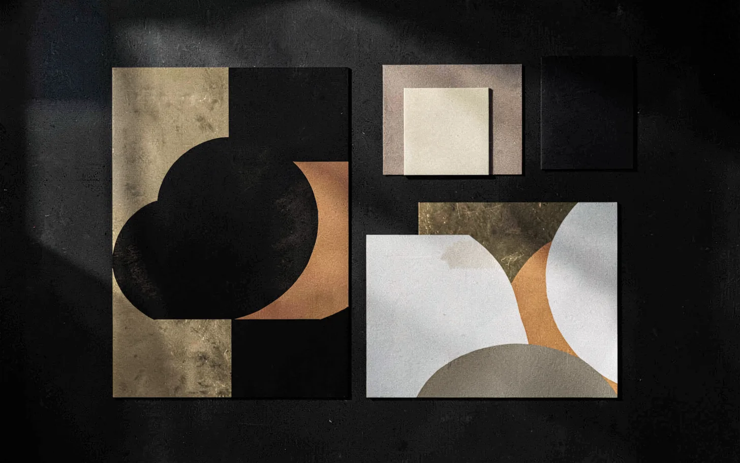 A spread of brand work — abstract prints, colour studies, and swatches