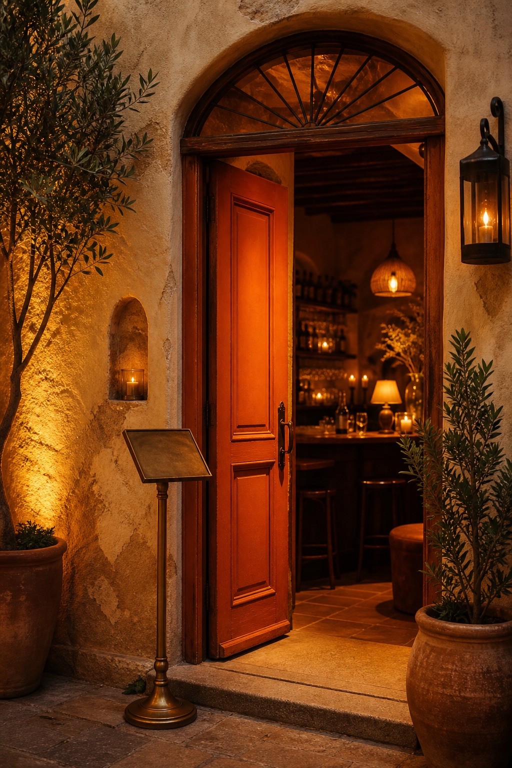 Warm orange restaurant door with candlelit bar inside