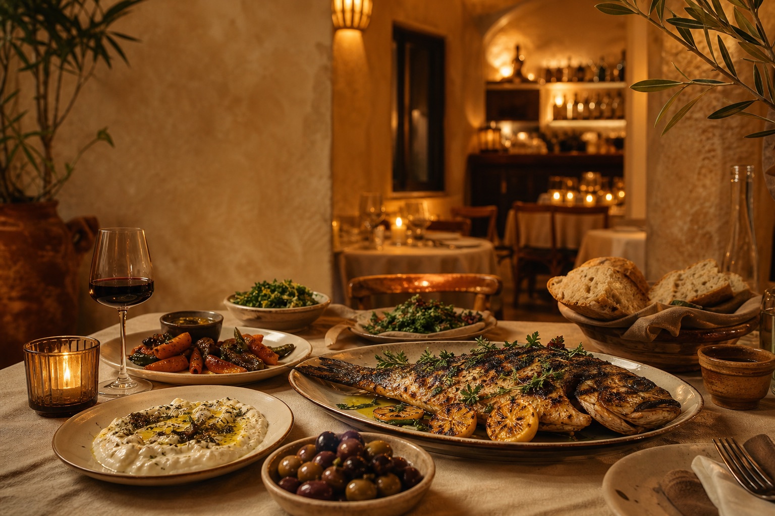 Candlelit Mediterranean table with grilled fish, bread, olives, and wine