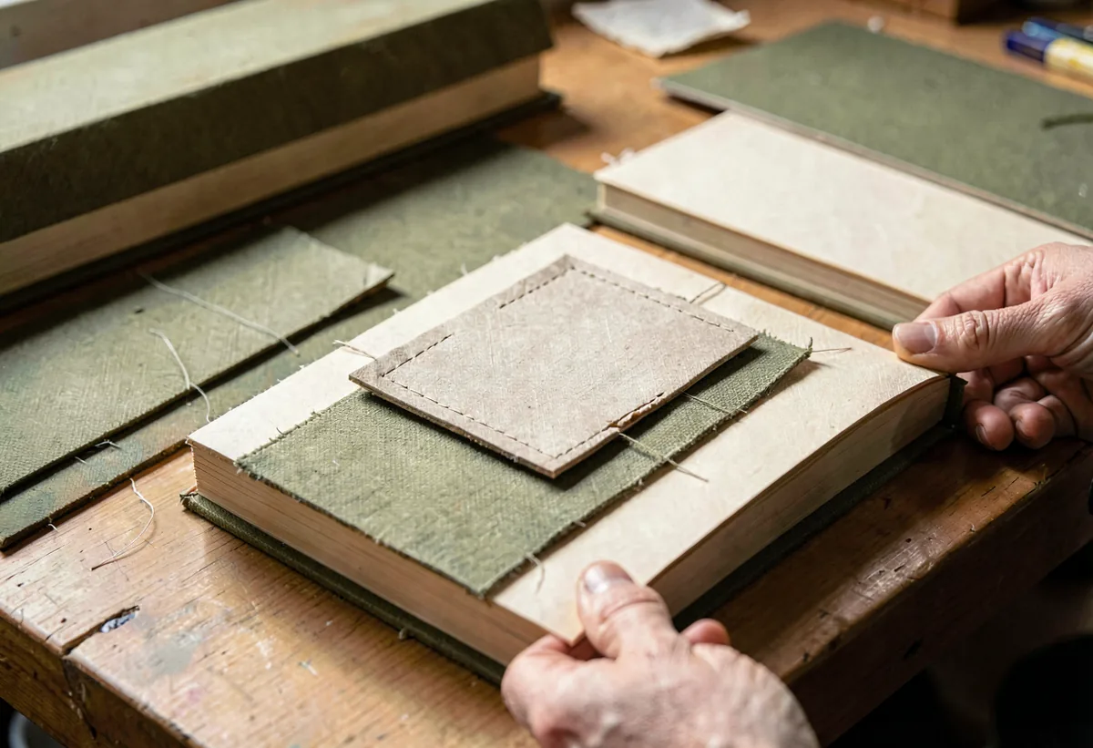 A cloth-bound book opened flat to show a sewn signature