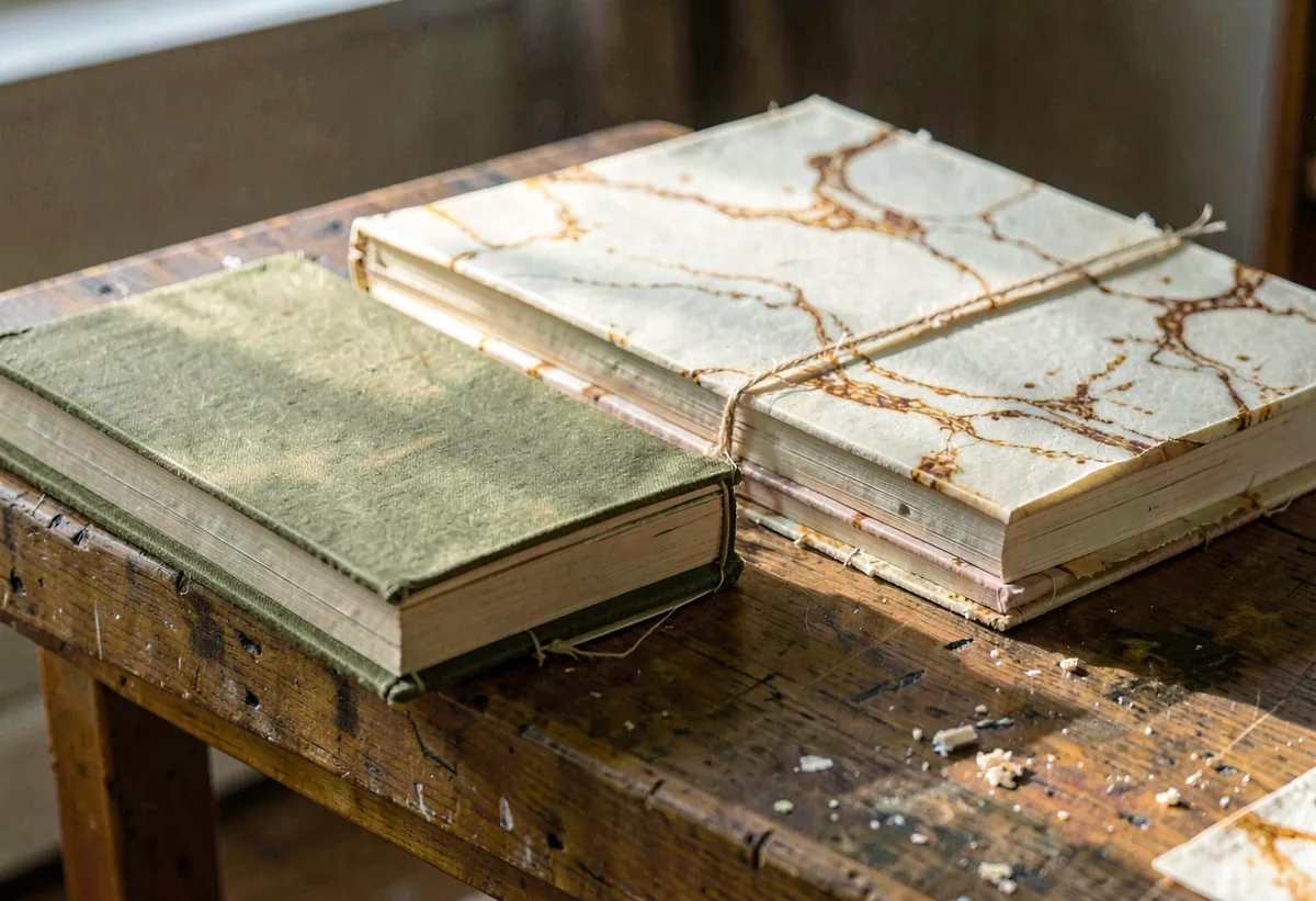A stack of marbled-paper covers drying on a bench