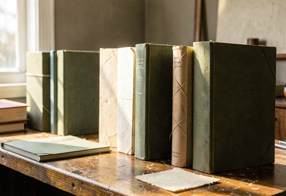 A row of slipcased books in muted bookcloth