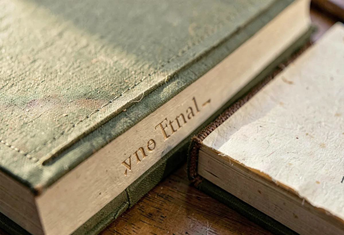A close view of blind-tooled lettering on a spine