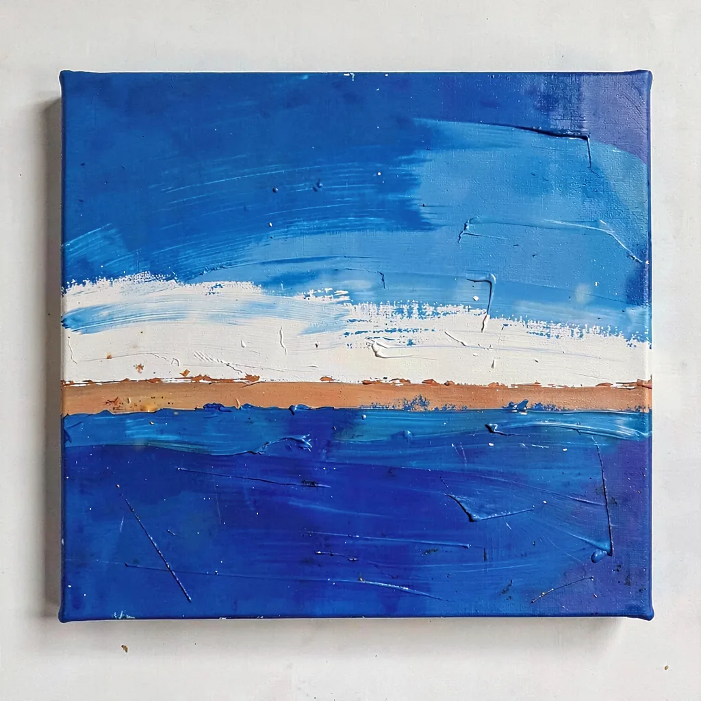 Cobalt field painting with a pale horizon band