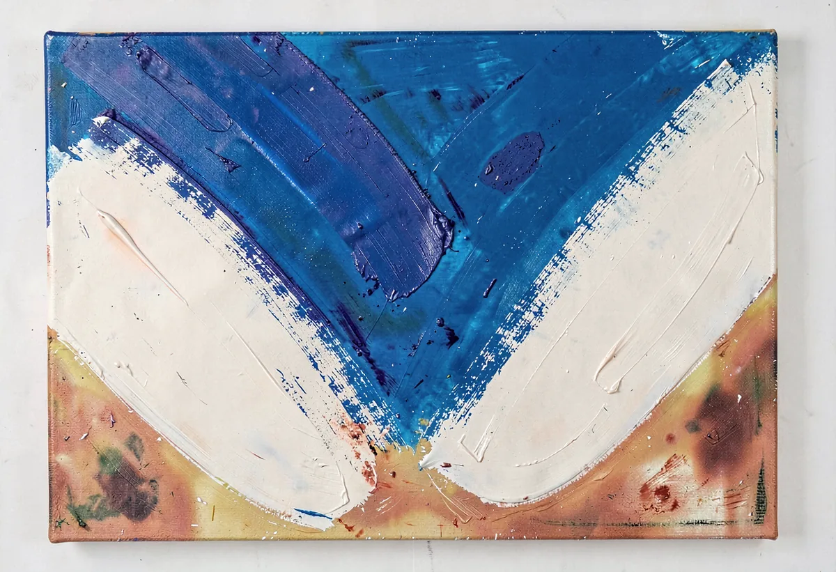 Large abstract oil painting — broad cobalt and bone-white fields over a warm ground