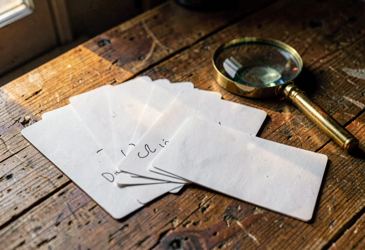 A fanned deck of handwritten index cards beside a magnifying glass on a linen cloth