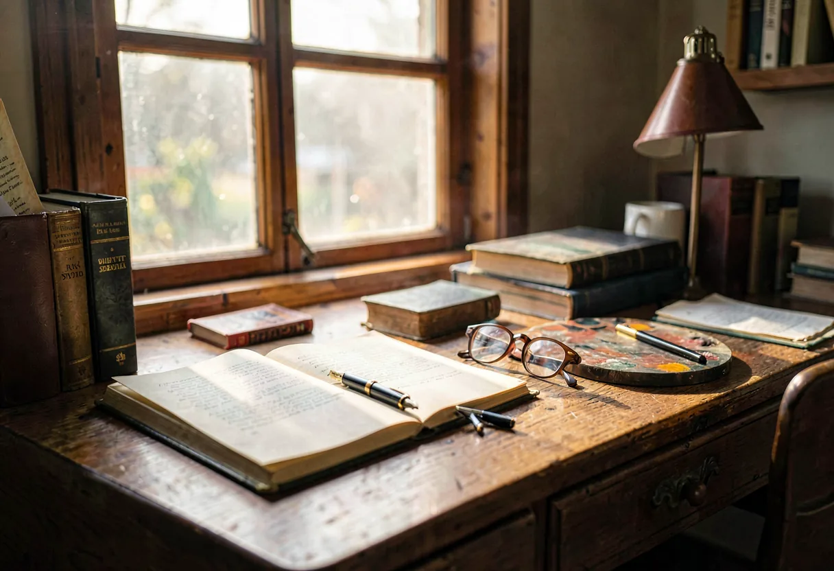 A cluttered oak desk under a window — an open notebook, a fountain pen, and stacks of index cards