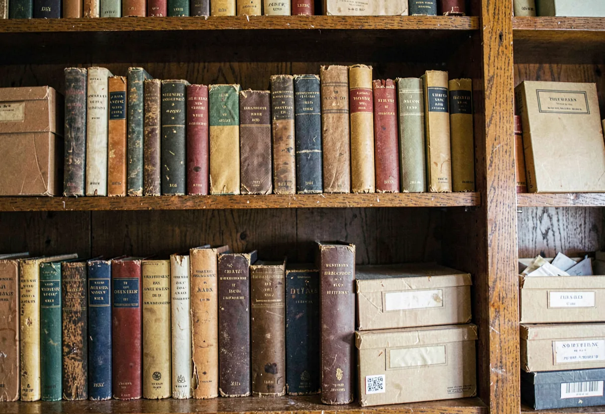 A wall of well-worn reference books and boxed archive folders lit by warm lamplight