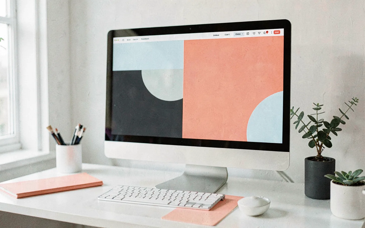 A website design with bold colour blocks on a desk monitor