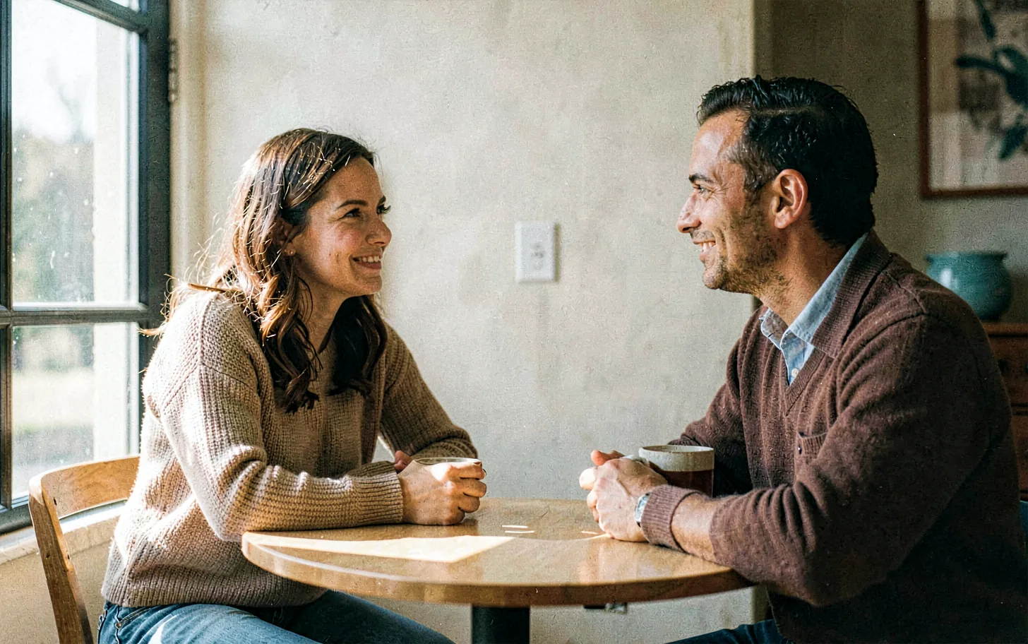 Two people in a calm, sunlit conversation across a small table