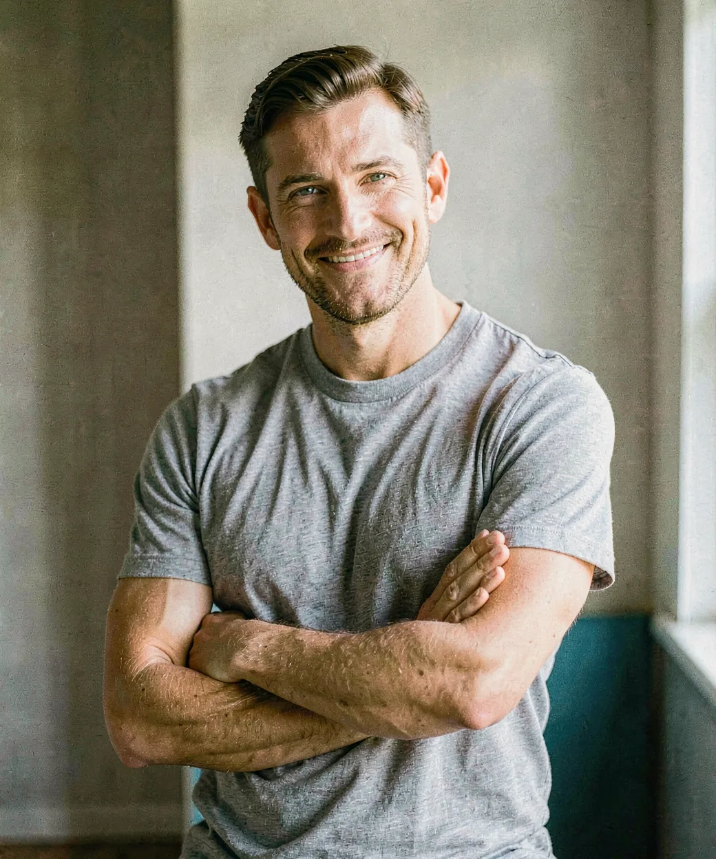 Portrait of a coach smiling in natural light, arms loosely folded