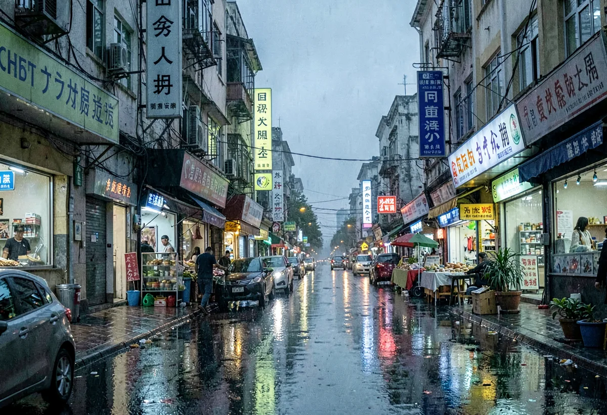 A rain-slick city street at night reflecting shop signs