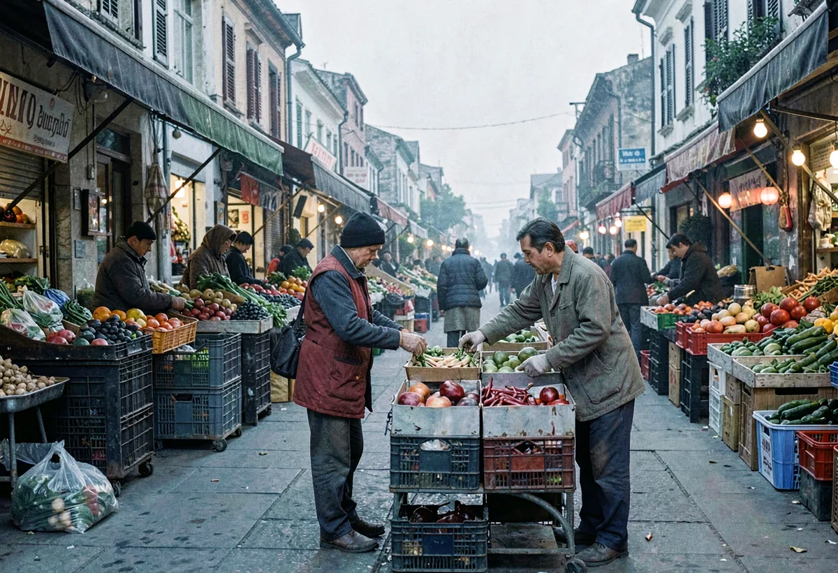A market trader arranging crates of produce before dawn