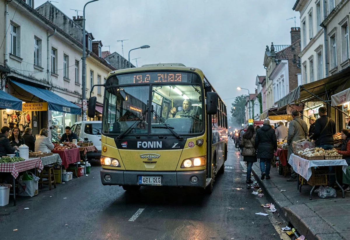Passengers lit by the interior light of a late-night bus