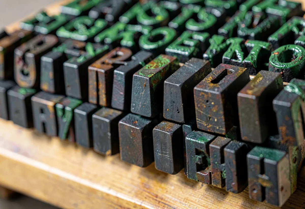 Inked metal letterpress type sorts standing in a composing stick