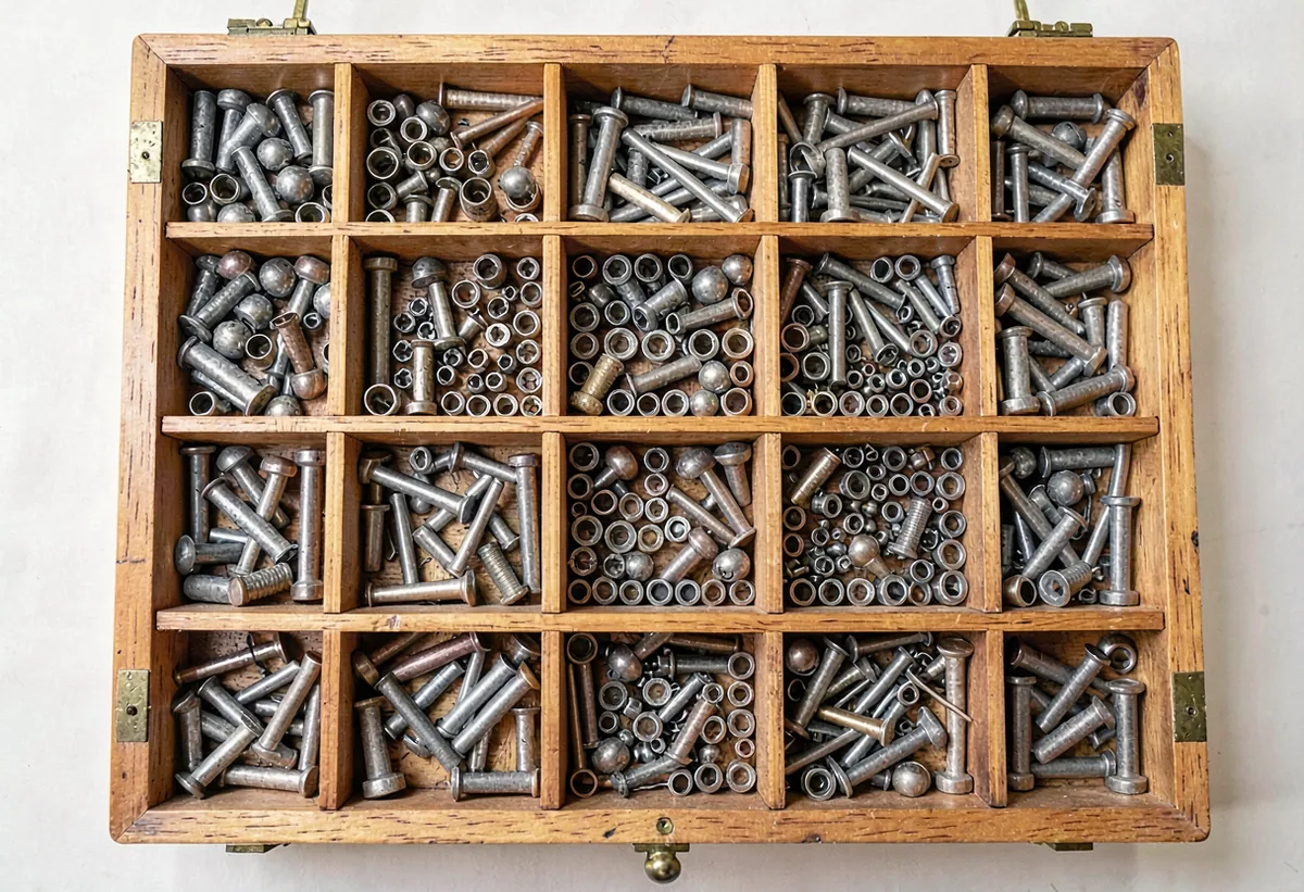 A printer's wooden type-case drawer filled with metal type sorts