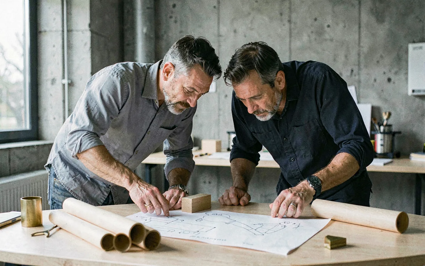 Two architects reviewing drawings at a studio table