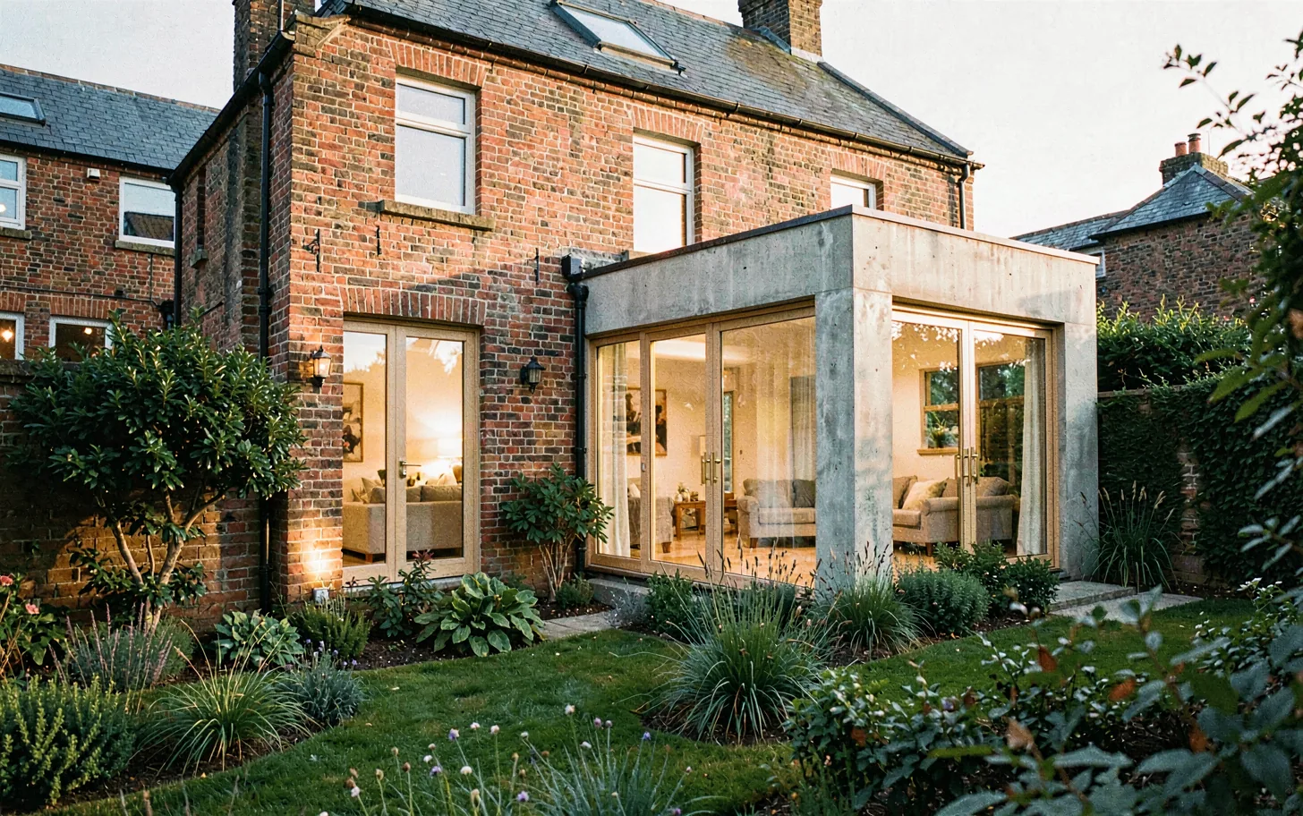 A renovated brick house with a glass extension opening to a garden