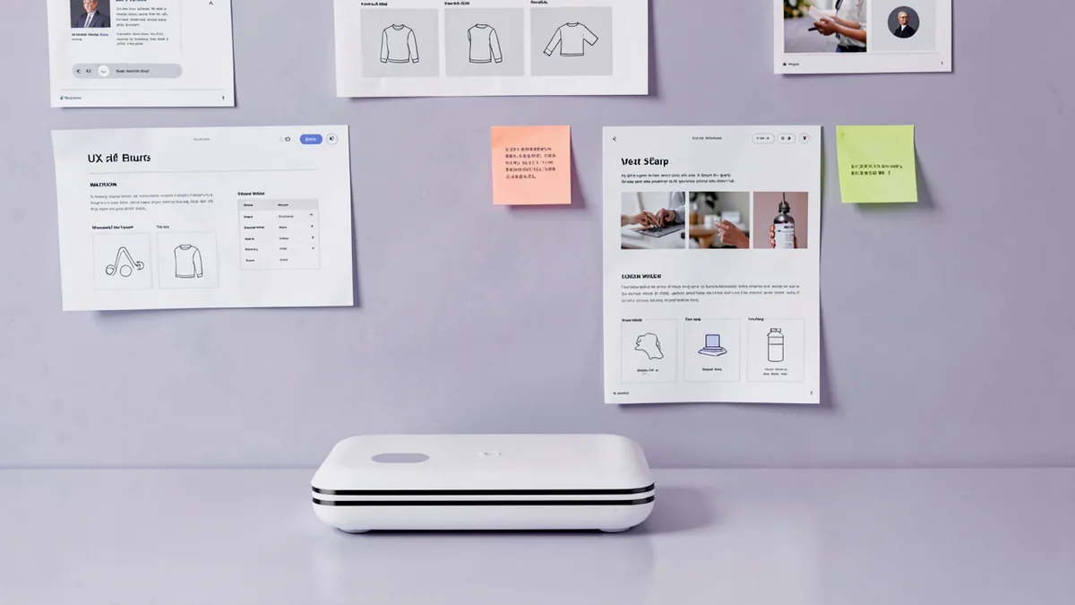 A wall of printed interface screens and sticky notes from a product design sprint