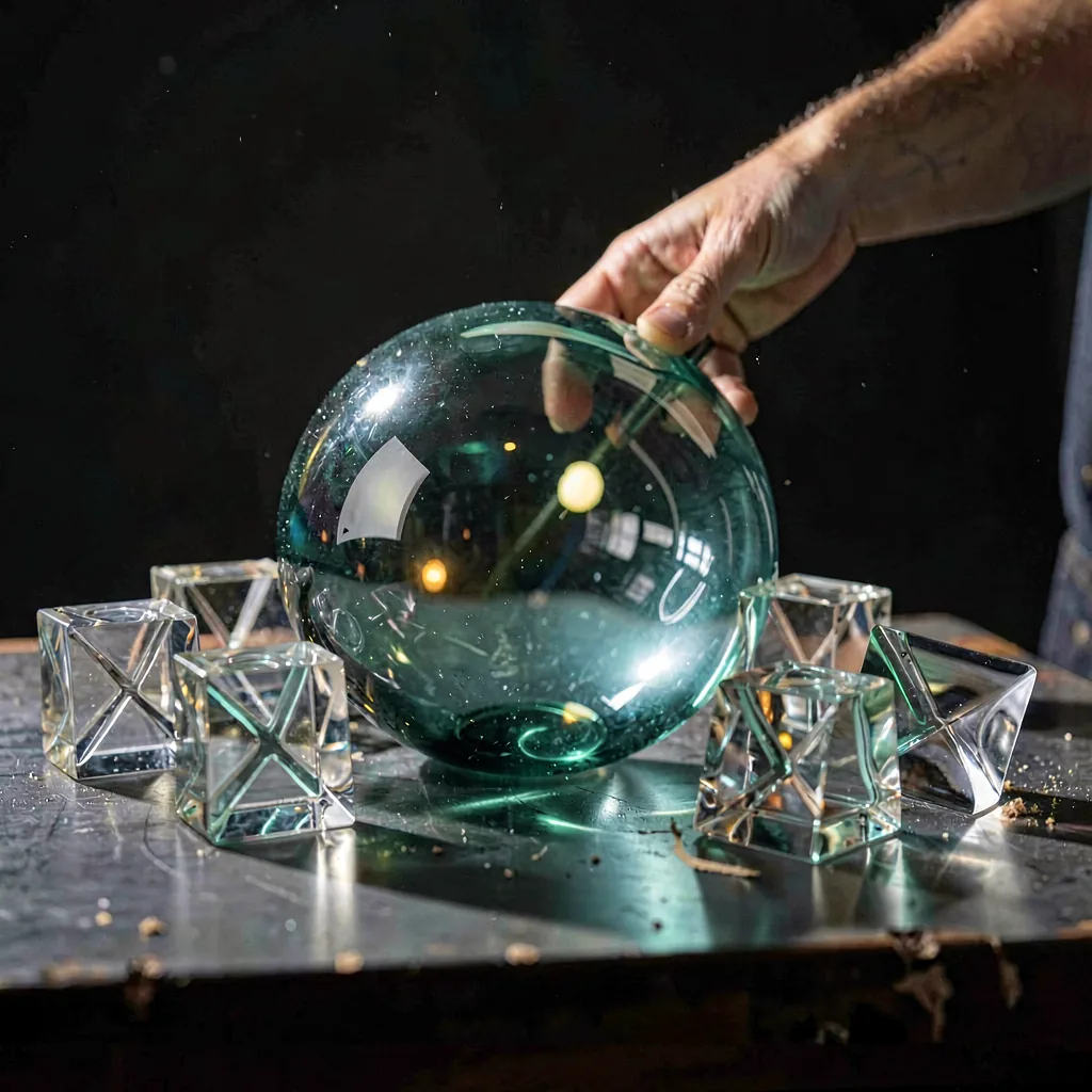 A cluster of paperweights catching the light