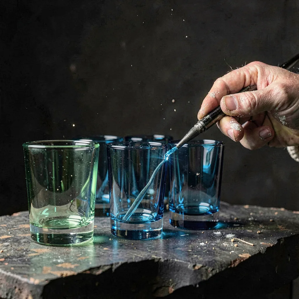 A row of shot glasses in graded blues