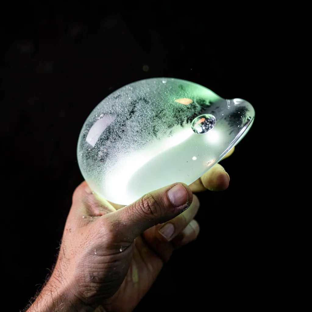 A hand-sized float, frosted on one side