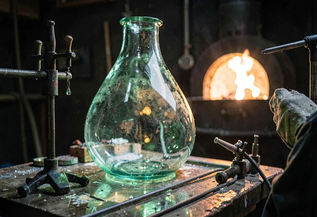 The studio bench with pipes, jacks, and a glowing furnace behind