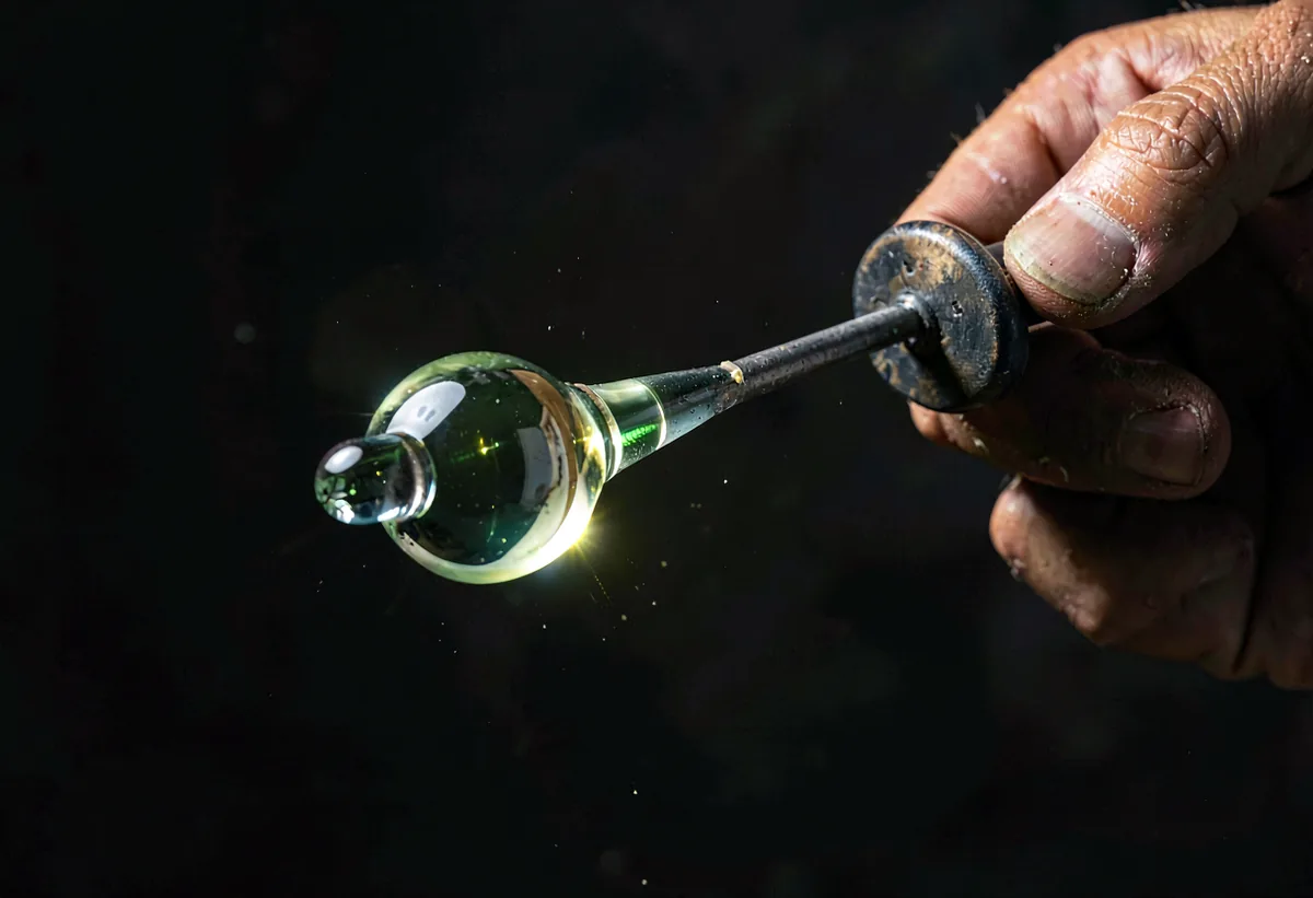 A molten gather of glass glowing on the end of a blowpipe