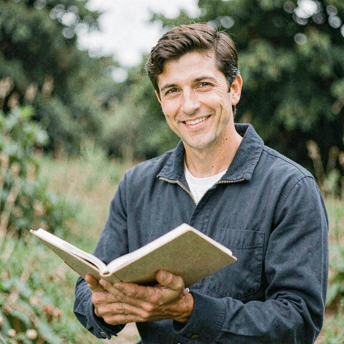 Portrait of a writer outdoors with a notebook