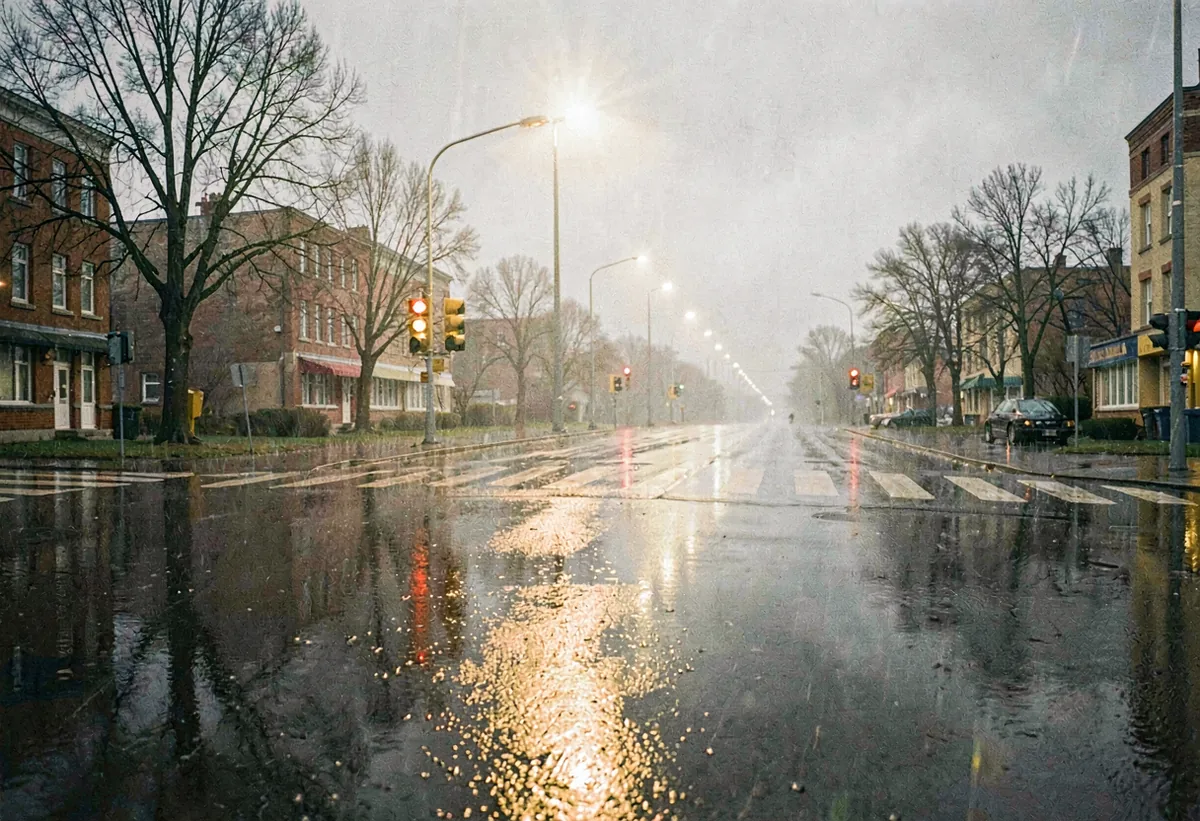 Rain on an empty crossing under sodium light