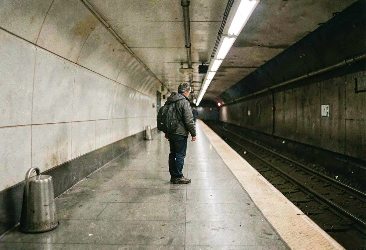 A lone commuter on a long underground platform