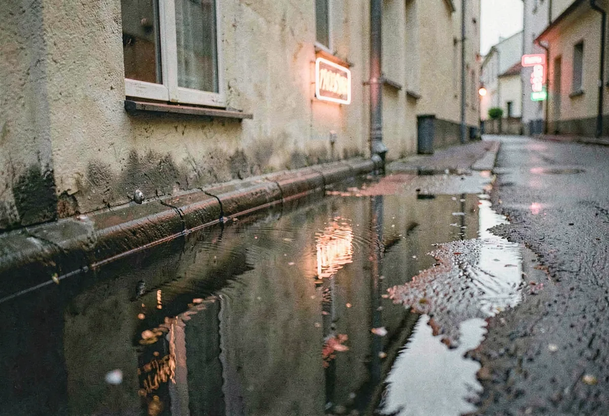 Reflections of neon in a wet gutter