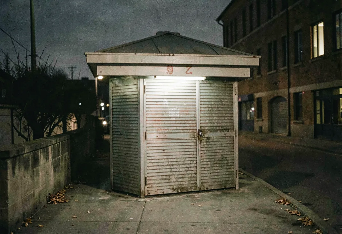 A shuttered kiosk at the end of the night