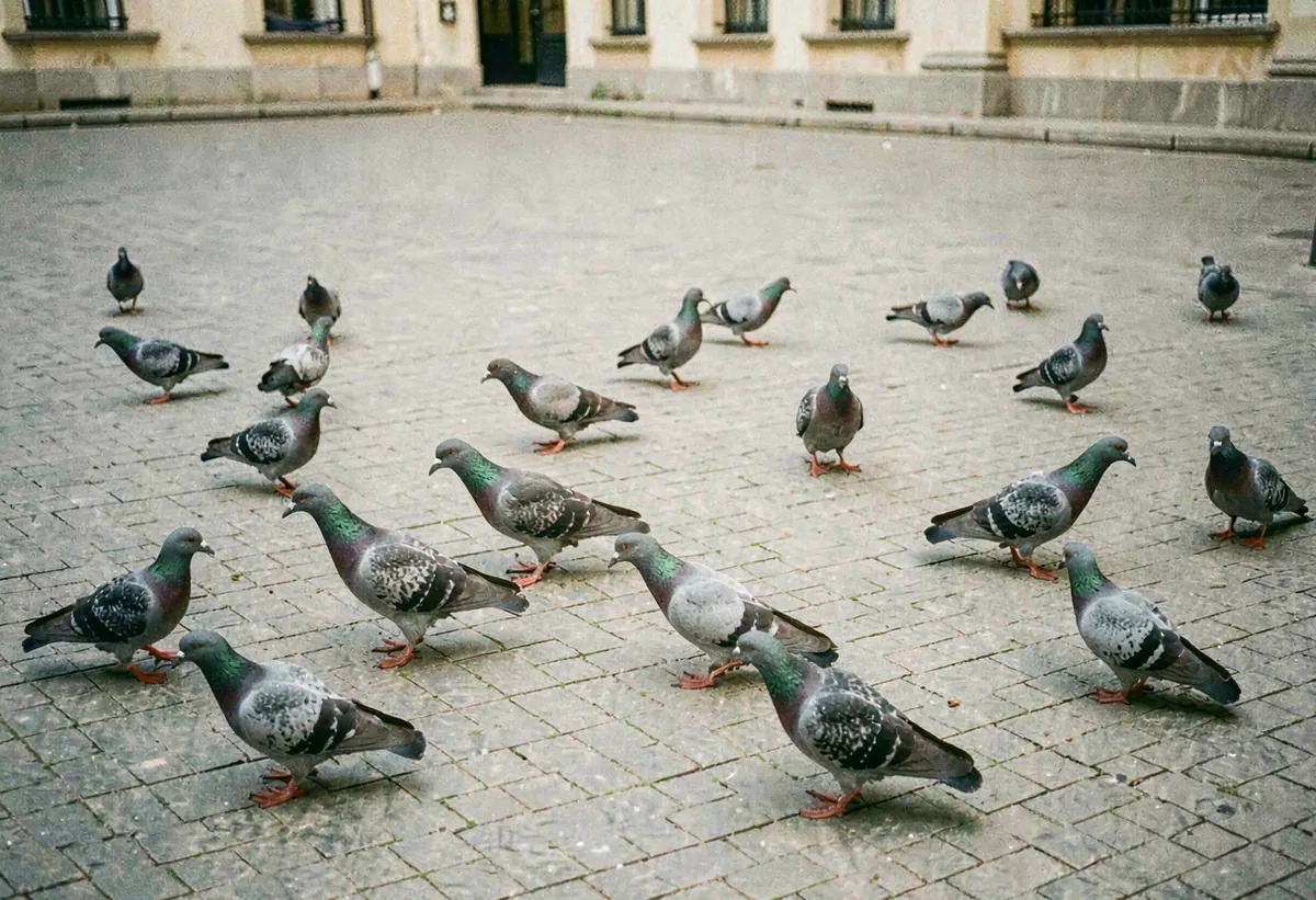 Pigeons scattering across a grey plaza