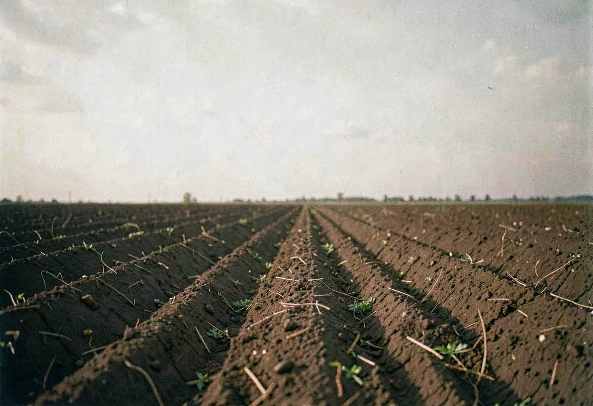 Furrows of dark earth meeting a pale sky