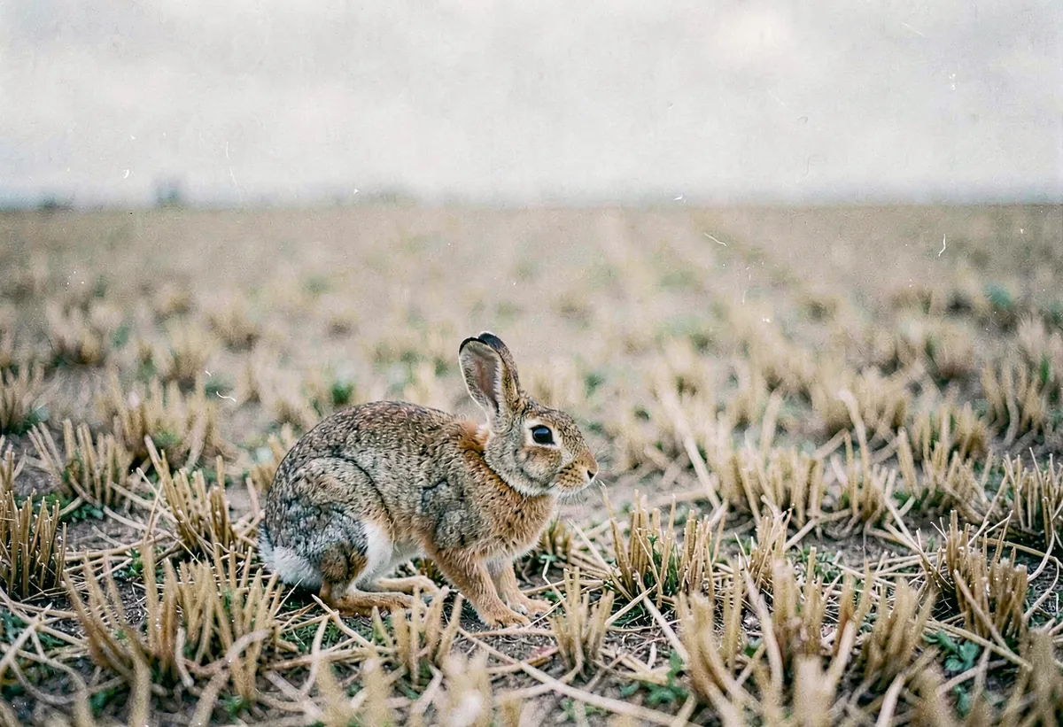 A hare paused at the edge of stubble