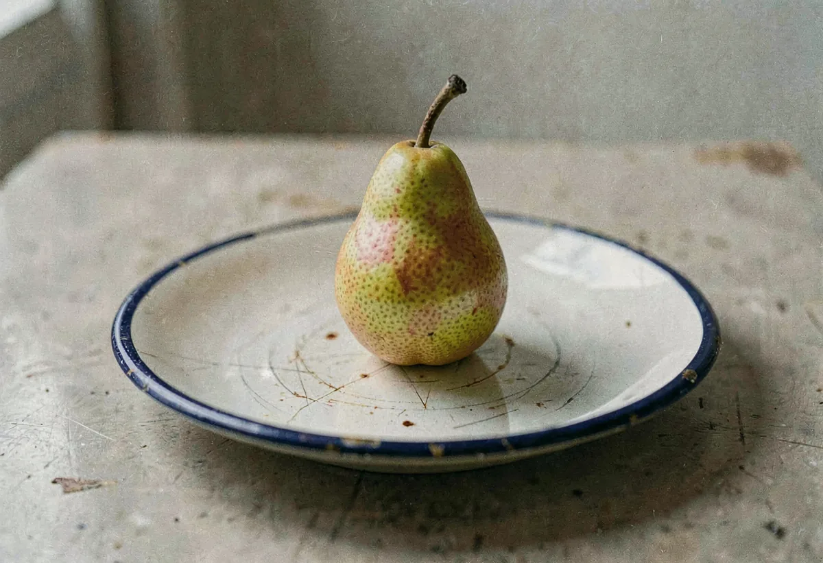 A single pear on a scratched enamel plate