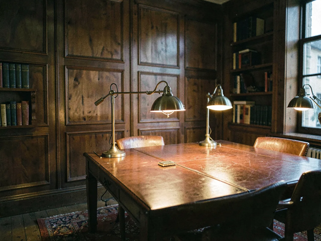 A quiet panelled reading room at dusk, lamps lit along a long shared table