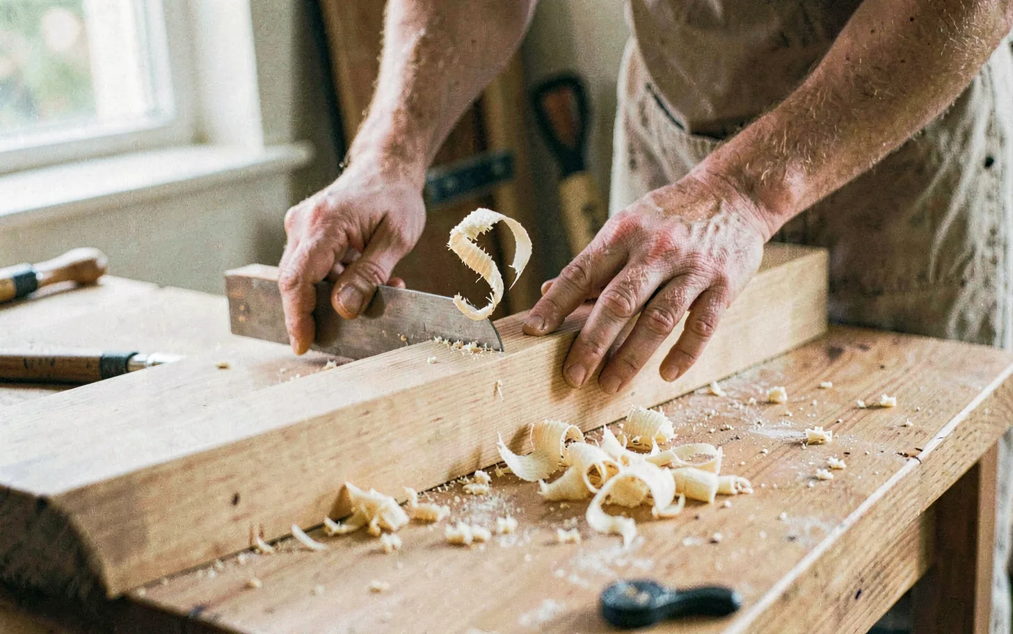 A maker planing an oak board at a workbench, a shaving curling off the plane