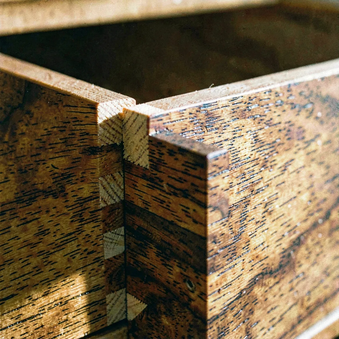 Hand-cut box joints in a walnut drawer front