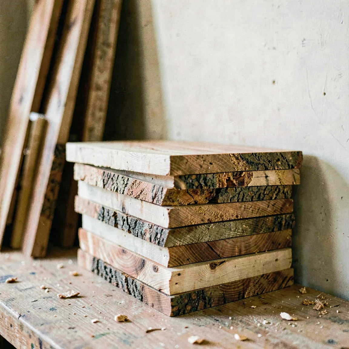 A stack of air-dried boards with live edges in the workshop
