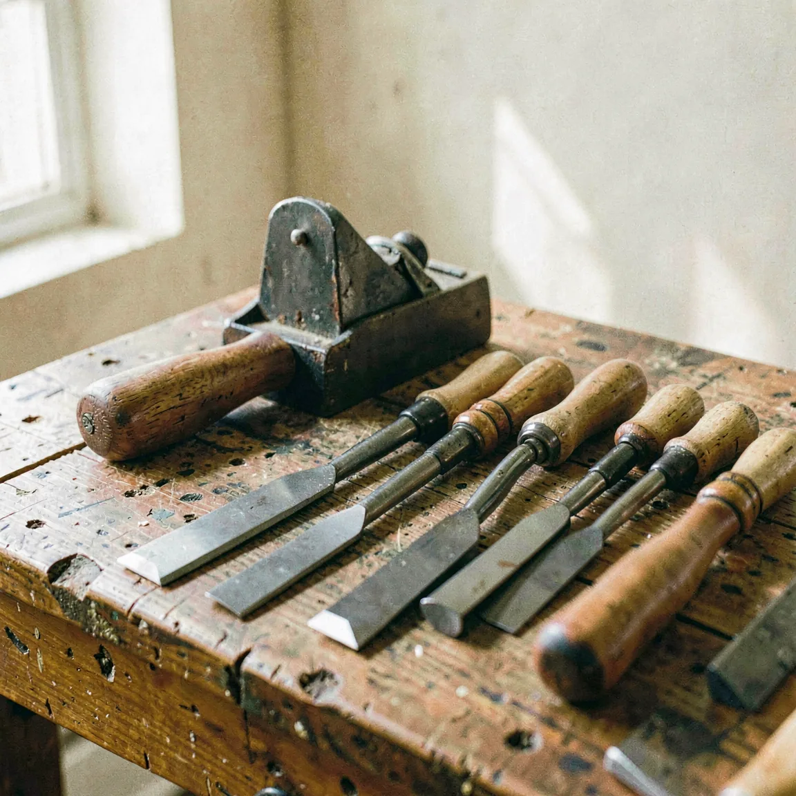 A wooden hand plane and bench chisels laid out on a workbench